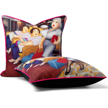 Indlæs billede til gallerivisning Beryl Cook cushion featuring Twins design, showcasing glamorous friends in vibrant colors and humor.
