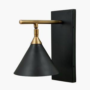 Matt black & antique brass conical wall lamp