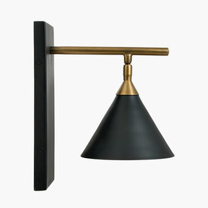 Matt black & antique brass conical wall lamp