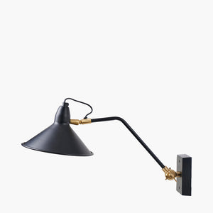 Canton matt black & brass metal cone wall light