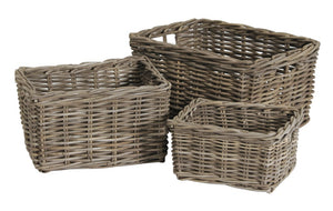 Set of 3 Kubu grey rattan rectangular storage baskets