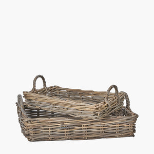 Set of 2 Kubu grey rattan basket trays