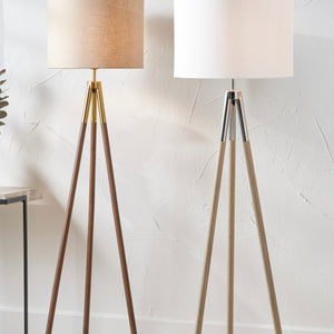 Metal & wood grain tripod floor lamp in two finishes