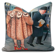 Indlæs billede til gallerivisning Beryl Cook cushion featuring My Fur Coat design with a woman in a fur coat and a man holding an umbrella.
