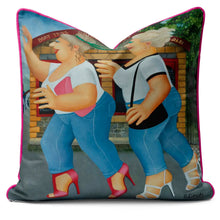Load image into Gallery viewer, Beryl Cook cushion featuring two confident women walking, vibrant colors, and playful design, Ahoy There Cushion in luxe velvet velour.
