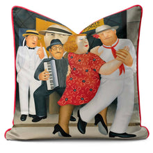 Indlæs billede til gallerivisning Beryl Cook cushion featuring vibrant Tango Busking scene, showcasing lively street dance and colorful characters.
