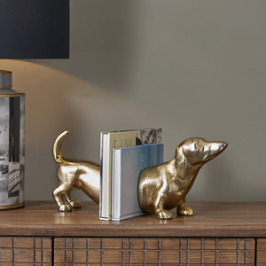 Metal sausage dog book ends in gold or silver