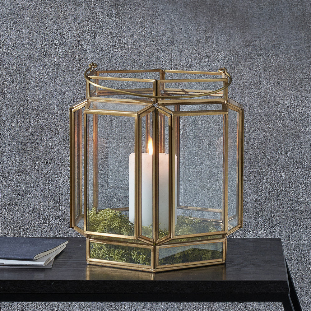 Shiny brass metal & glass hexagon wide lantern