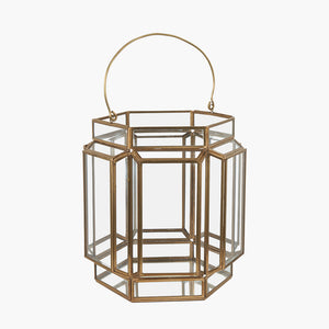 Shiny brass metal & glass hexagon wide lantern