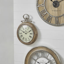 Load image into Gallery viewer, Mango wood &amp; silver metal stopwatch design wall clock
