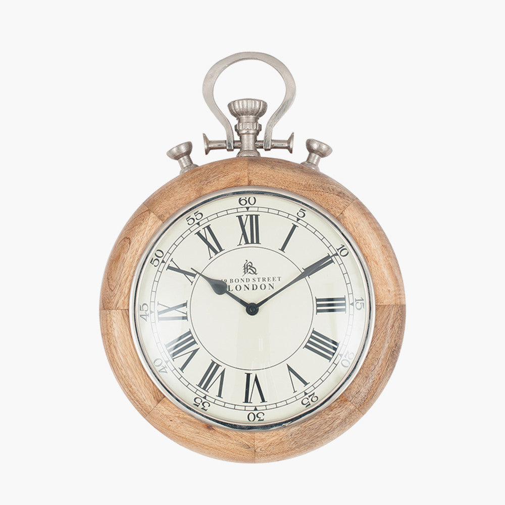 Mango wood & silver metal stopwatch design wall clock