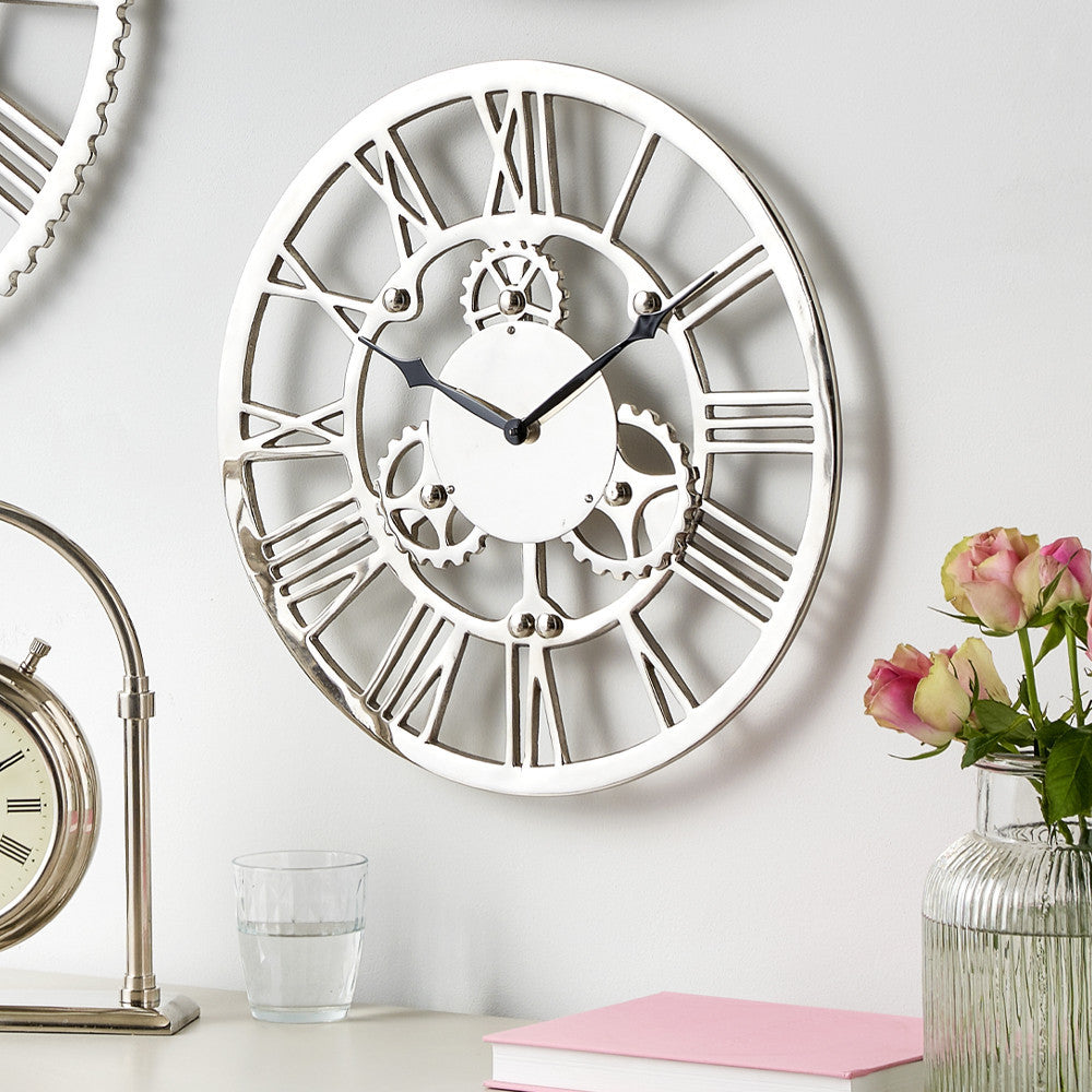 Silver metal cog design round wall clock in two sizes