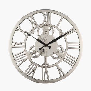 Silver metal cog design round wall clock in two sizes