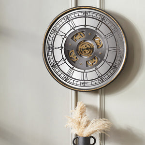 Antique gold wood & mirrored cog round wall clock