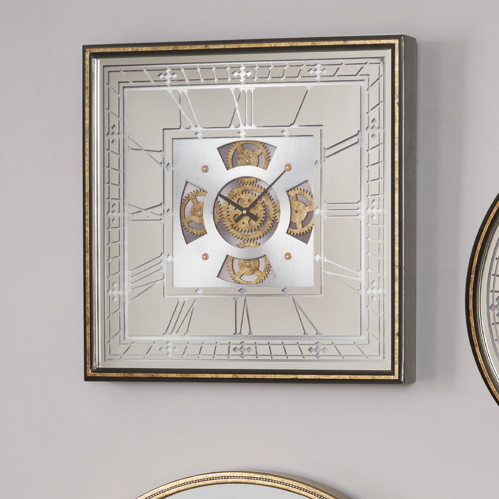 Antique gold wood & mirrored cog square wall clock