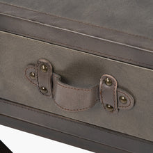 Load image into Gallery viewer, Close-up of the drawer handle of the Adriano side table in peppercorn leather, showcasing its stylish design.
