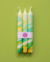 Lade das Bild in den Galerie-Viewer, Taper dinner candles in Spring Green Marble mix, pack of three, 20 cm tall for elegant dining decor.
