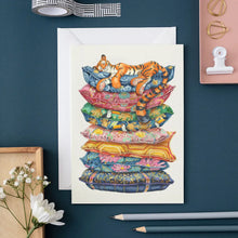 Carica l&#39;immagine nel visualizzatore di Gallery, Tiger asleep on a pile of cushions - greeting card
