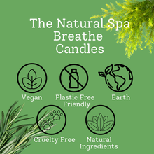 Charger l'image dans la galerie, Natural Spa Breathe scented coconut wax candle features vegan, plastic-free, cruelty-free, and natural ingredients icons on a green background.
