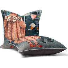 Indlæs billede til gallerivisning Beryl Cook cushion featuring My Fur Coat design in luxe velvet, showcasing witty characters and vibrant colors.
