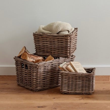 Set of 3 Kubu grey rattan rectangular storage baskets