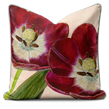 Lade das Bild in den Galerie-Viewer, Botanical cushion featuring vibrant Tulipa Trinita flowers by RHS artist-in-residence Alfred Wise.
