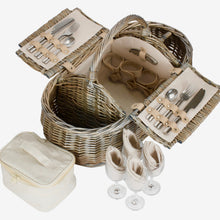 Load image into Gallery viewer, Picnic basket with accessories including utensils, glasses, and cooler, perfect for outdoor dining for four.
