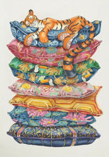 Load image into Gallery viewer, Tiger asleep on a pile of cushions - greeting card
