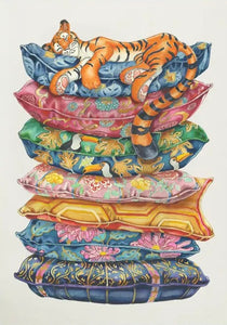 Tiger asleep on a pile of cushions - greeting card