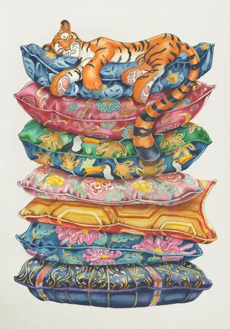 Tiger asleep on a pile of cushions - greeting card