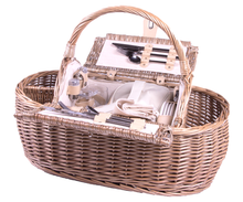 Load image into Gallery viewer, Boat-shaped picnic basket with accessories for four, hand-woven from willow with cream faux leather straps.
