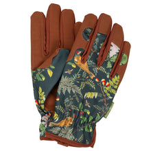 Charger l'image dans la galerie, Gardening gloves in woodland wonders RHS design, featuring a cushioned palm and gathered wrist for garden comfort.
