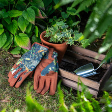 Charger l'image dans la galerie, Gardening gloves in woodland wonders RHS design resting next to a potted plant and gardening tools.

