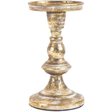 Load image into Gallery viewer, Pillar candle holder in antiqued gold, small size, featuring an elegant turned silhouette for traditional charm.
