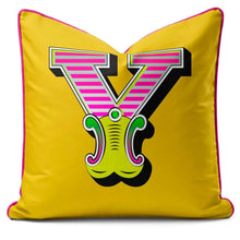 Charger l'image dans la galerie, Letter cushion with a vibrant yellow background featuring the letter V in carnival font design.
