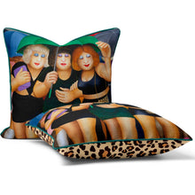 Charger l'image dans la galerie, Beryl Cook cushion featuring a colorful scene of friends in the rain, celebrating life with humour and warmth.
