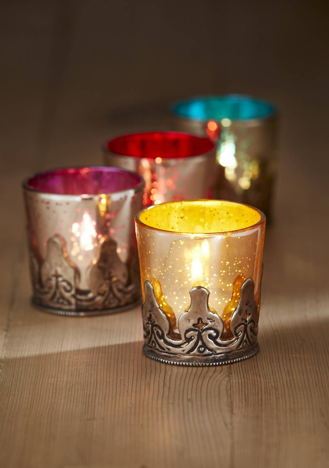 Glass antiqued silver tealight holder set of four