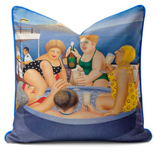 Lade das Bild in den Galerie-Viewer, Beryl Cook cushion featuring a vibrant scene of friends enjoying drinks and laughter on a cruise ship.
