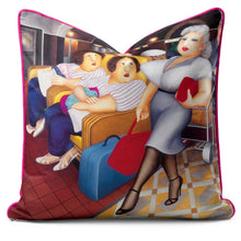 Indlæs billede til gallerivisning Beryl Cook cushion featuring lively twins in luxurious velvet velour, showcasing vibrant colors and playful characters.
