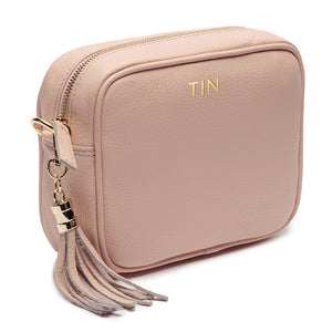 Personalised Elie Beaumont blush pink bag with a gold chain strap