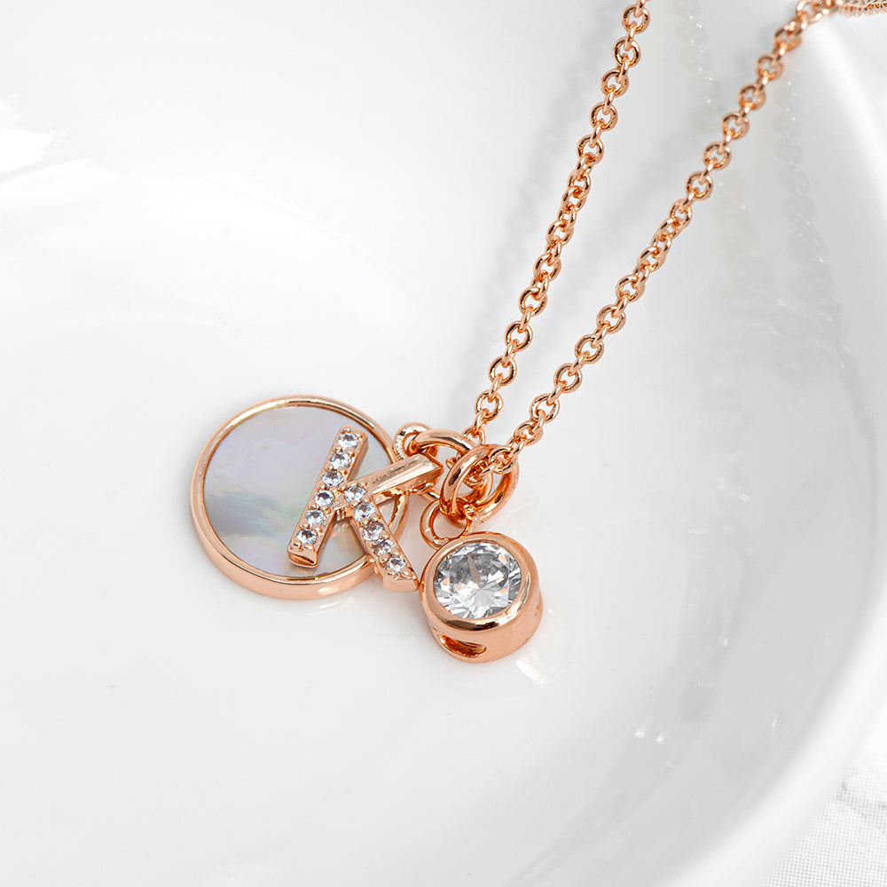 Rose Gold initial necklace with mother of pearl & crystal