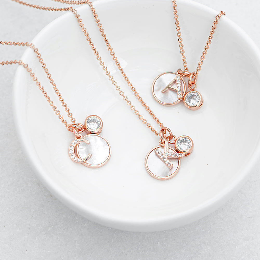 Rose Gold initial necklace with mother of pearl & crystal