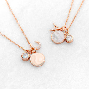 Rose Gold initial necklace with mother of pearl & crystal