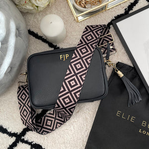 Personalised Elie Beaumont black bag with blue diamond strap