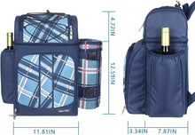 Lade das Bild in den Galerie-Viewer, Fully equipped picnic basket back pack in blue with blanket for 4 persons
