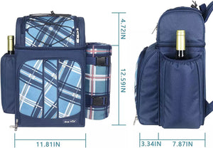 Fully equipped picnic basket back pack in blue with blanket for 4 persons