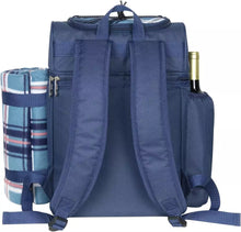 Load image into Gallery viewer, Fully equipped picnic basket back pack in blue with blanket for 4 persons
