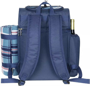 Fully equipped picnic basket back pack in blue with blanket for 4 persons