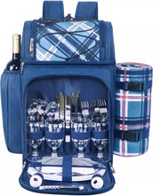 Load image into Gallery viewer, Fully equipped picnic basket back pack in blue with blanket for 4 persons
