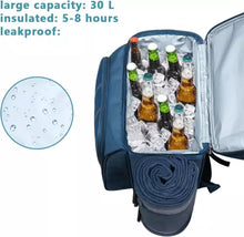 Charger l&#39;image dans la galerie, Fully equipped picnic basket back pack in blue with blanket for 2 persons
